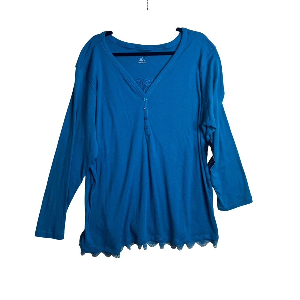 Woman Within Henley Top Plus Size 1X Teal Blue Lace Trim‎ V-Neck Long Sleeve NEW